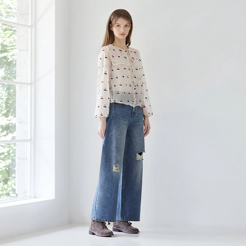 

Джинсы MICOAT Pure Original: женские, повседневные, с высокой талией, широкими штанинами, свободного кроя, рваные, прямого силуэта, осенняя коллекция