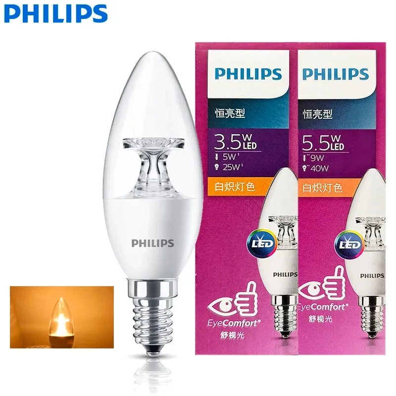

Philips 3.5W 5.5W MyCare Clear LED Candle E14 B35 Bulb Warm White 2700K Comfort Light AC 220V-240V Original LED Indoor Lamp