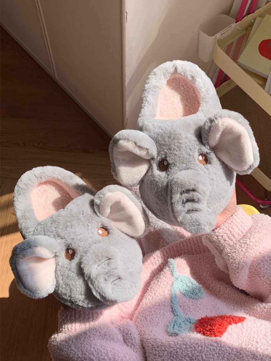 

Thick Soled Cotton Slippers For Women Winter Indoor Anti-skid Home Slippers Creative And Cute Elephant Plush Man Slipper Shoes