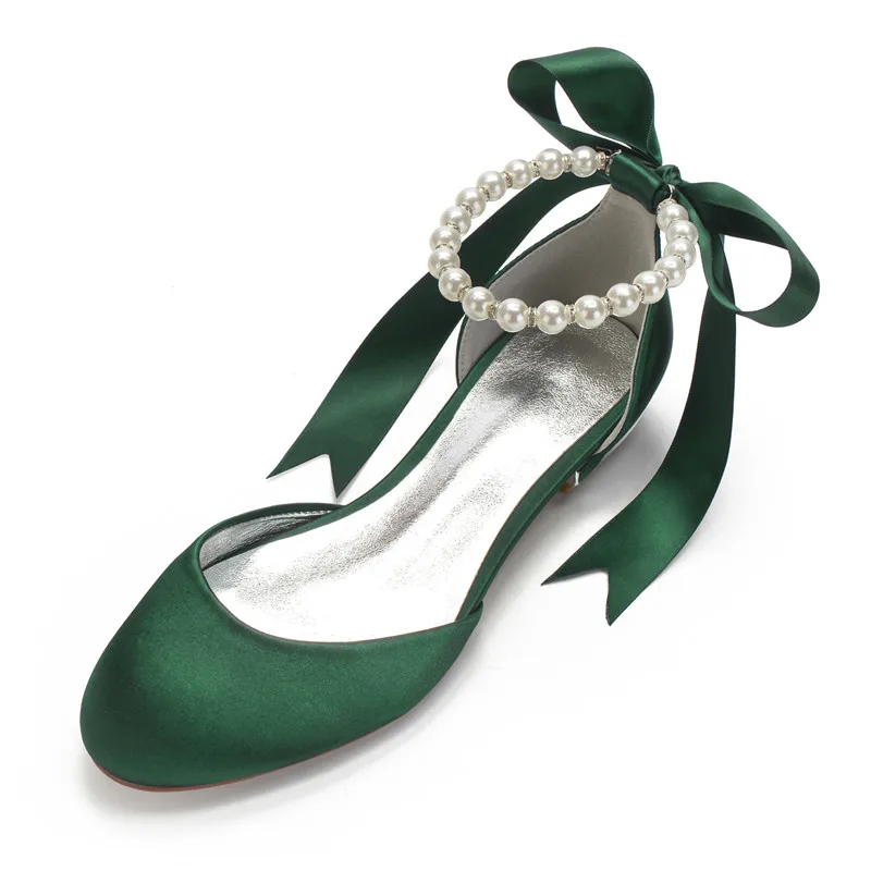 Satin Pearls Wedding Flats for Bride Round Toe Ribbon Tie Evening Formal Party Dress Shoes Women Flat Bridal Sandals