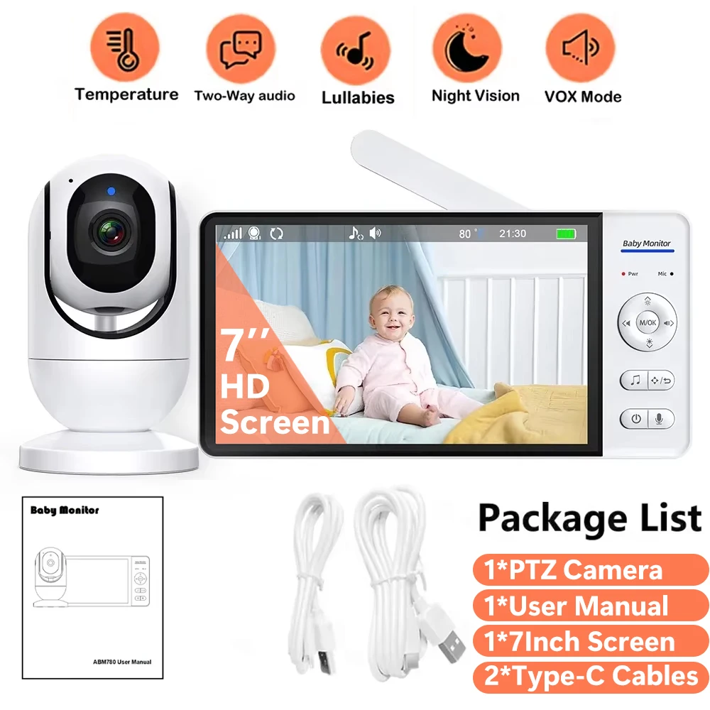 Monitor per bambini con schermo da 7 pollici e telecamera, risoluzione 720P HD, funzione PTZ, monitoraggio della temperatura, audio bidirezionale, vis
