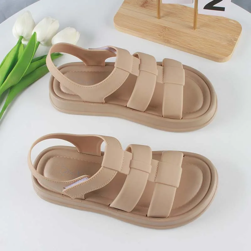 Women Fashion Summer PVC Sandals Hollowed Out Solid Color Flat Beach Shoes Casual Velcro Women\'s Shoes