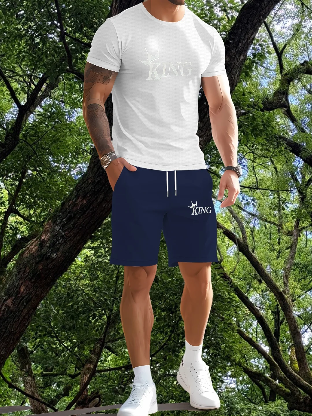 

Men's two-piece fashionable casual wear: summer short sleeved T-shirt and drawstring shorts, men's printed clothing