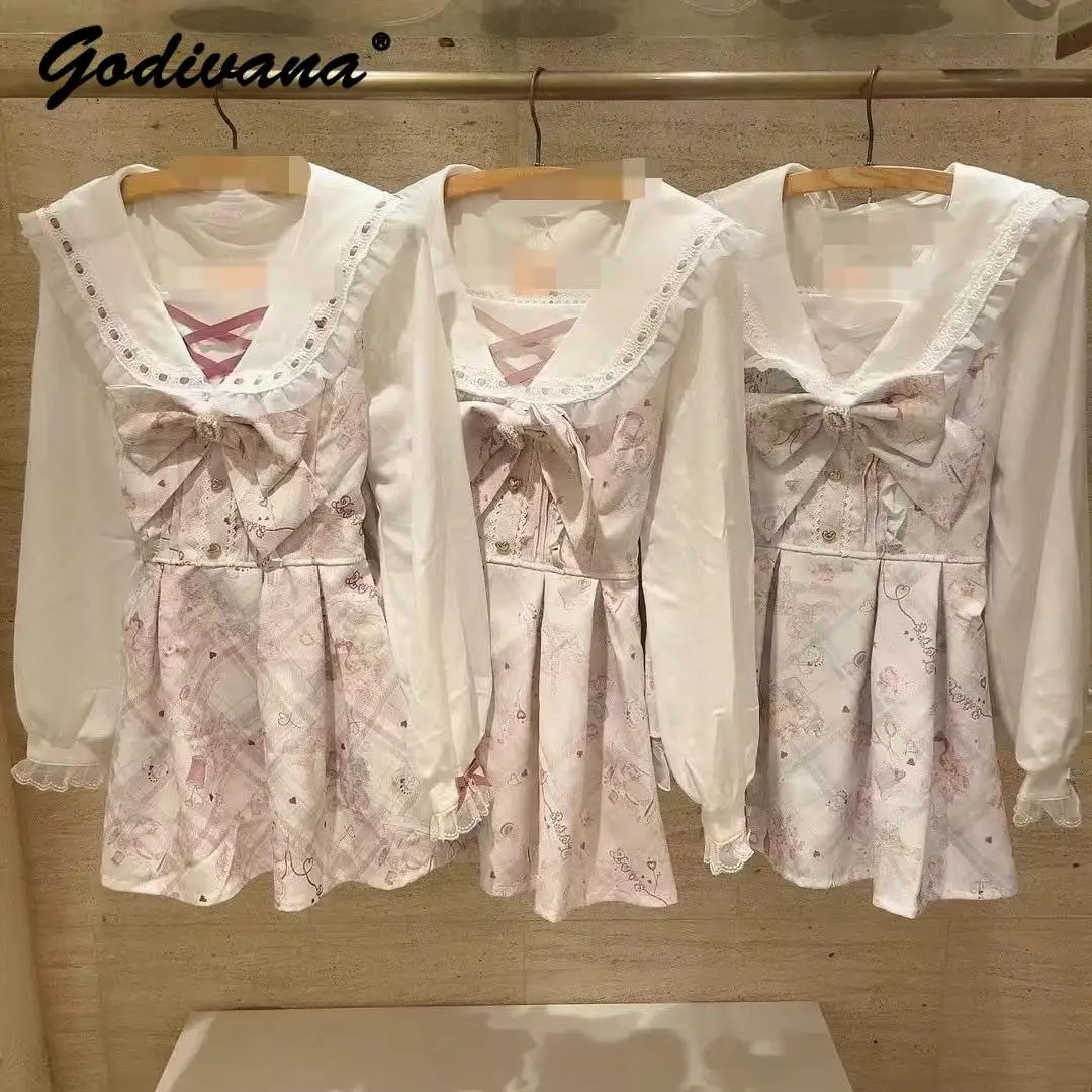 Japanese Style Liz Sweet Long Sleeve Bow Lolita Princess Dress and Shorts Set New Spring and Autumn Sailor Collar Printed Dress