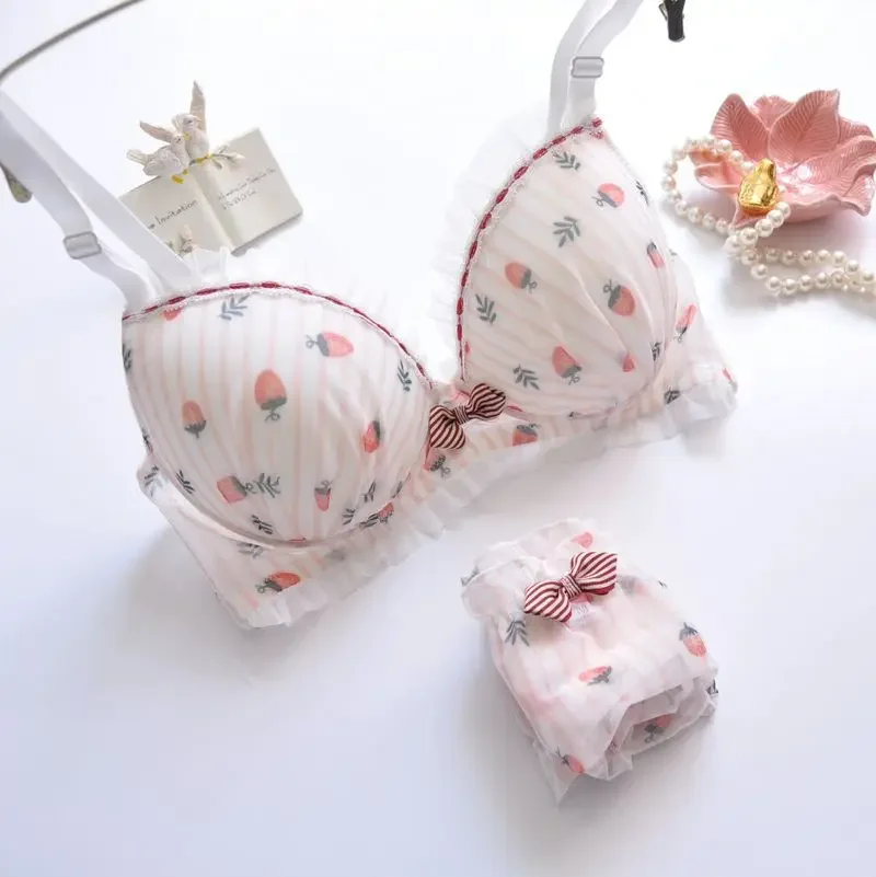 Plus Size Kawaii Push Up Bra Sets Girl Cute Bow Floral Bra Summer Dot Small Fresh Comfortable Underwear ABCD Cup