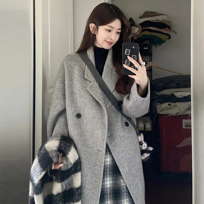 2024 cotton thickened medium and long woolen coat women's autumn and winter small man over the knee fashion woolen coat