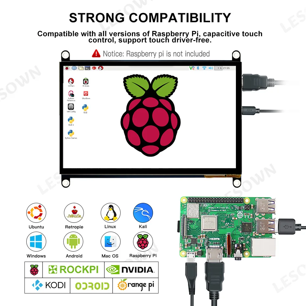 LESOWN Small HDMI Screen 7 Inch Capacitive Touchscreen 5-points 1024x600 HD IPS Display with Case for Win 10/8/7 Raspberry Pi