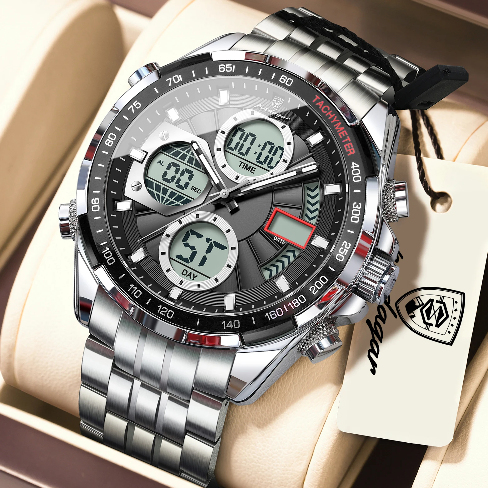 POEDAGAR High Quality Electronic Male Wristwatch Waterproof LED Men's Quartz Watches Stainless Steel Dual Time Digital Men Clock