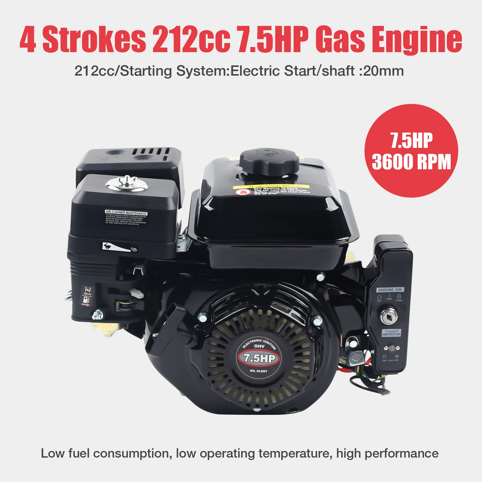 Gasoline Engine, 4-Stroke 210cc 7.5 HP Gas Engine Motor w/Electric Start 3600RPM For Go Kart Pressure Washers Log Splitters