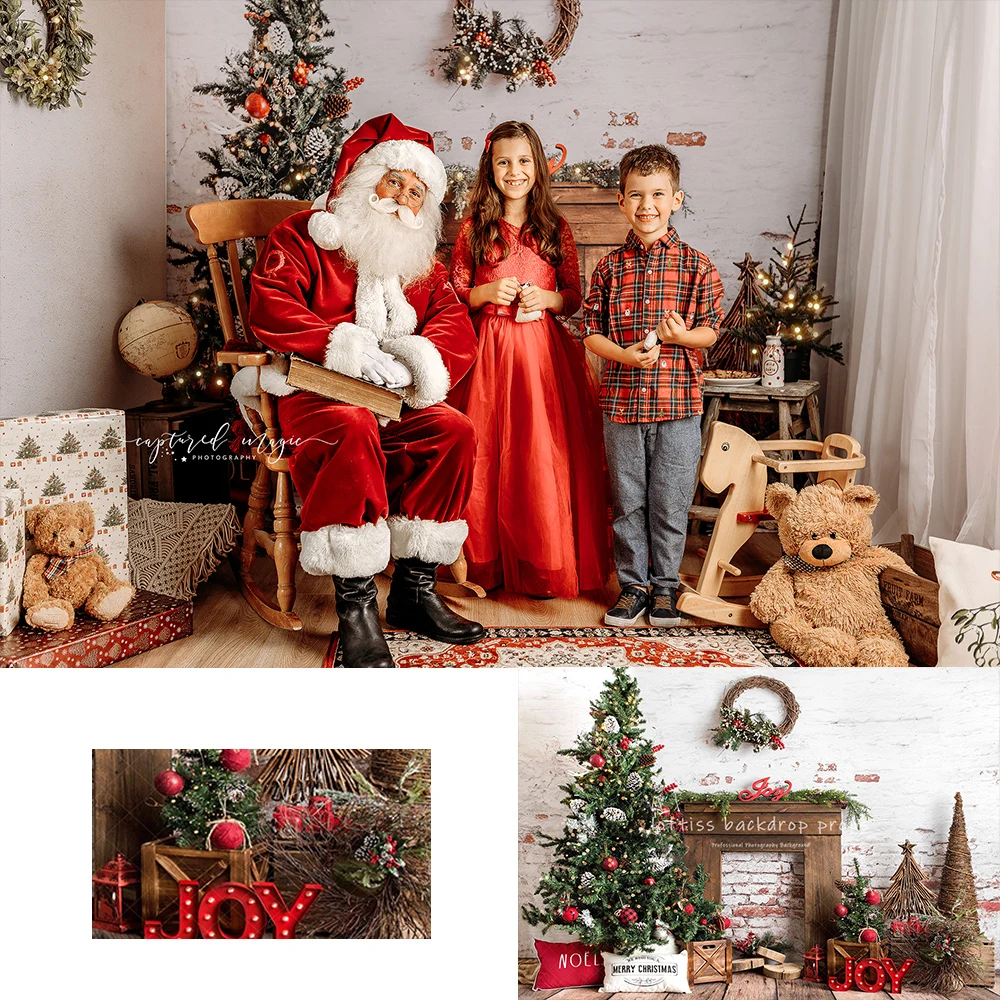 

Merry Morning Brick Fireplace Backdrops Kids Family Photography Child Festival Photocall Props Wreath White Wall Backgrounds