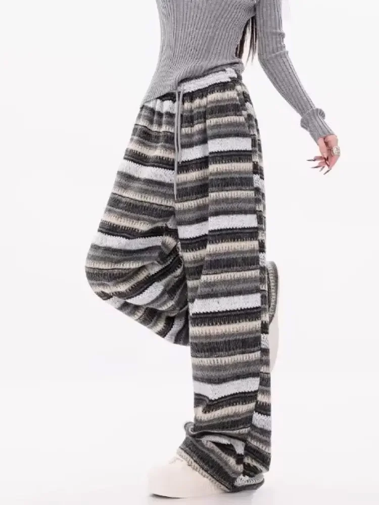 Pantalon épais à rayures Vintage pour femmes, décontracté, mode, jambes larges, cordon de serrage, élastique, taille haute, droit
