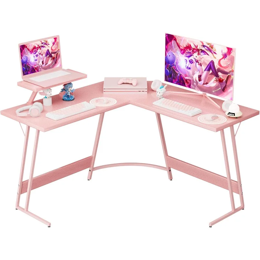 Pink L Shaped Gaming Desk with Large Monitor Stand for Home Office Study and Writing Workstation Spacious Corner Computer Table