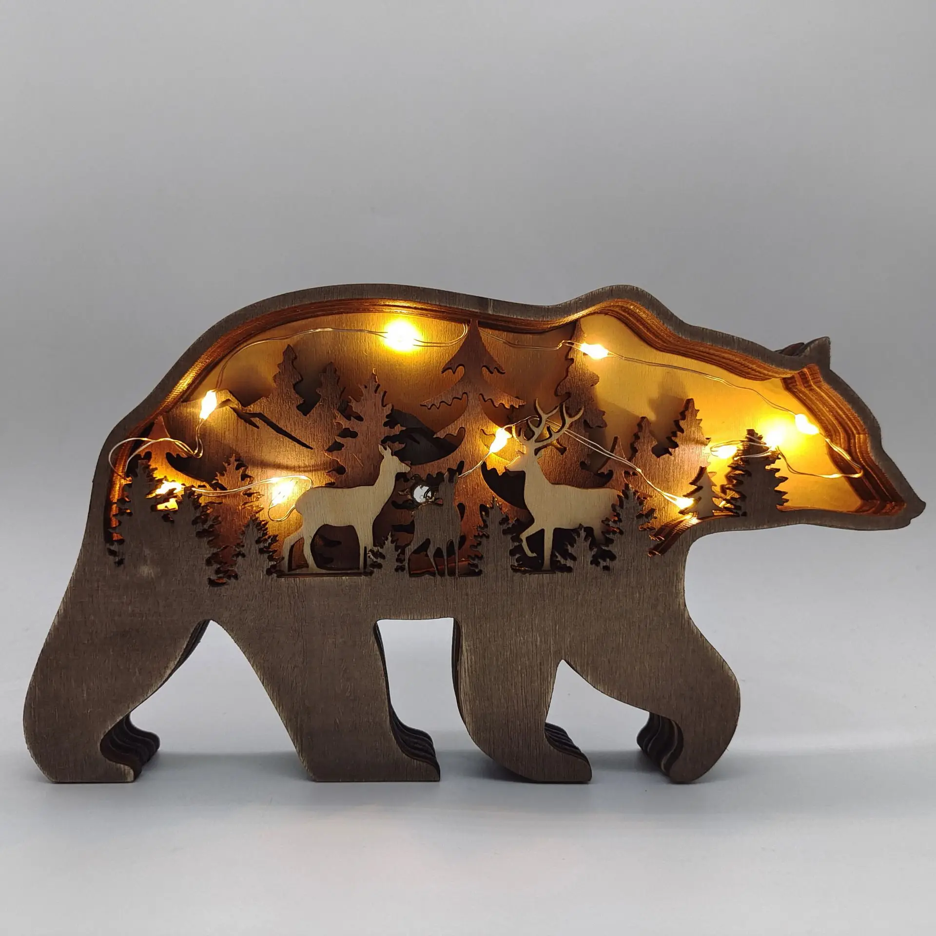 2023 New DIY Wood Elk Brown Bear Ornament Decoration Home Wooden Brown Bear Light Craft Ornament Decor Christmas Gift Crafts