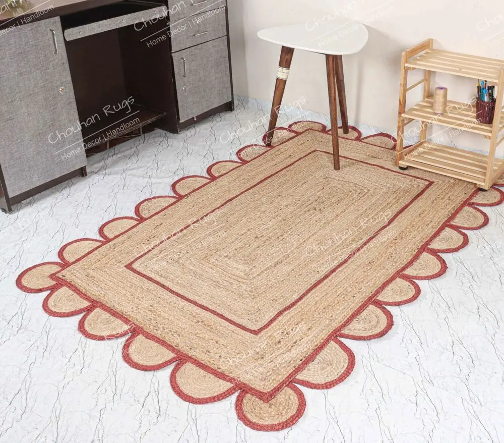 Natural Jute Rugs Handmade Red Scalloped Braided Runner Carpet Indian Home Decor Rugs for Bedroom Carpets for Living Room