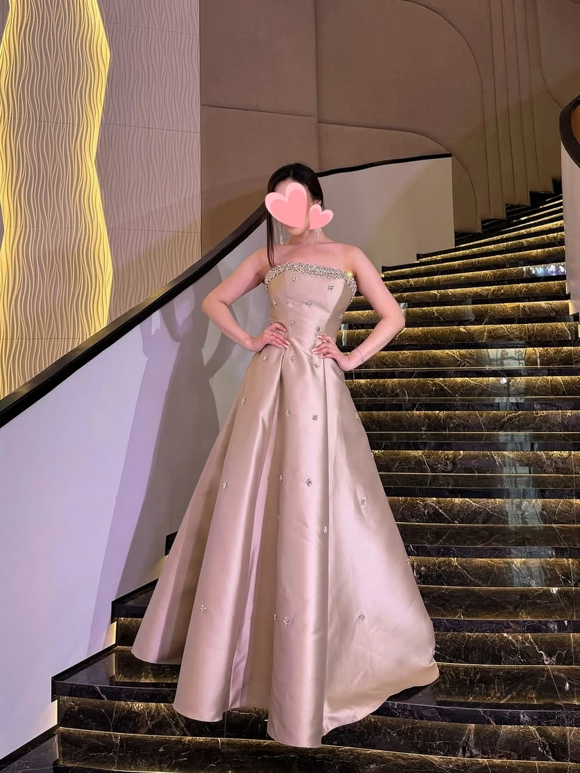 

Oisslec Dress Elegant Vintage Sweet Champagne Crystal Beads Satin New Customized Formal Occasion Prom Dress Evening Party Gowns
