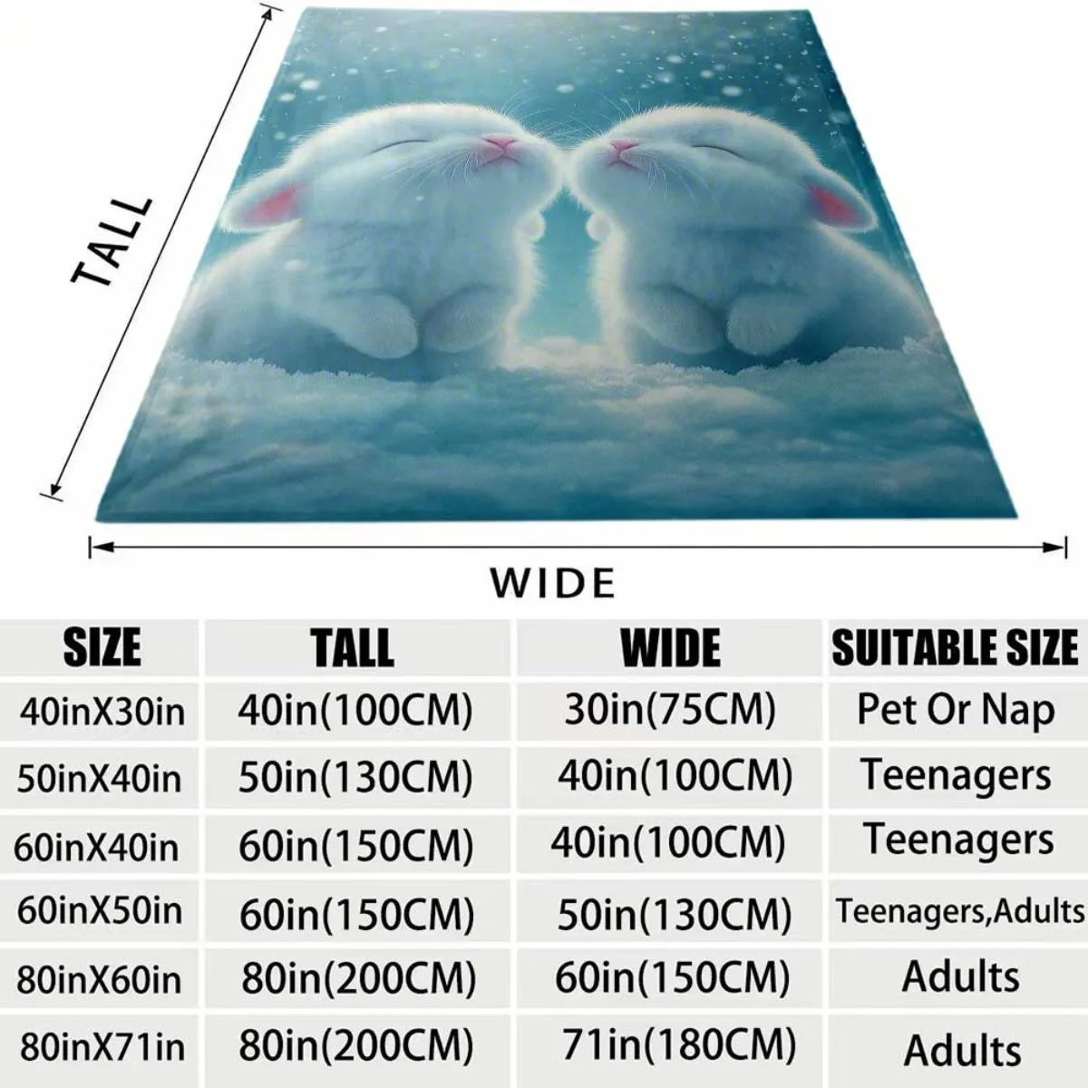 Cute Twin White Bunny Snow Flannel Blanket Soft Cozy Throw Blanket Lovely Rabbit Winter Print Bed Sofa Cover Kids Home Decor