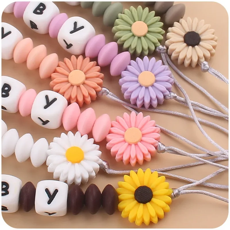 Personalized Name Round Wooden Clips para bebê, flores, contas de silicone, Chupeta Cadeia, mordedor Enfermagem Brinquedos, Handmade Dummy Holder