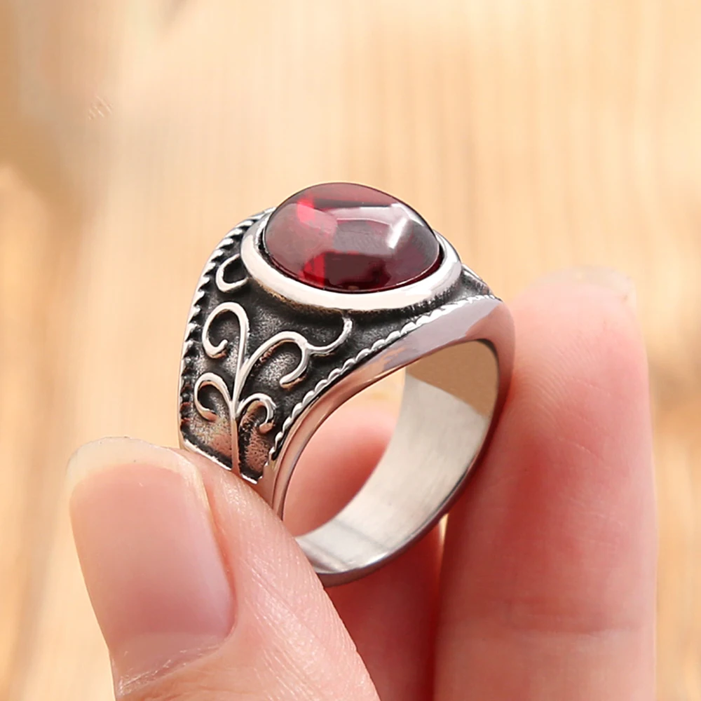 New Punk Stainless Steel Engraved Flowers Rings Fashion Biker Red Natural Stone Ring For Men Women Amulet Jewelry Gift Wholesale