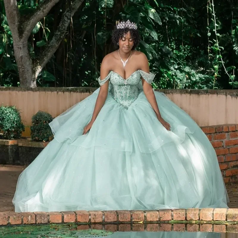 Mint Green Shiny Princess Quinceanera Dresses Beads Crystal Bow Tull Vestidos De 15 Anos Pageant Girls Sweet 16 Customized