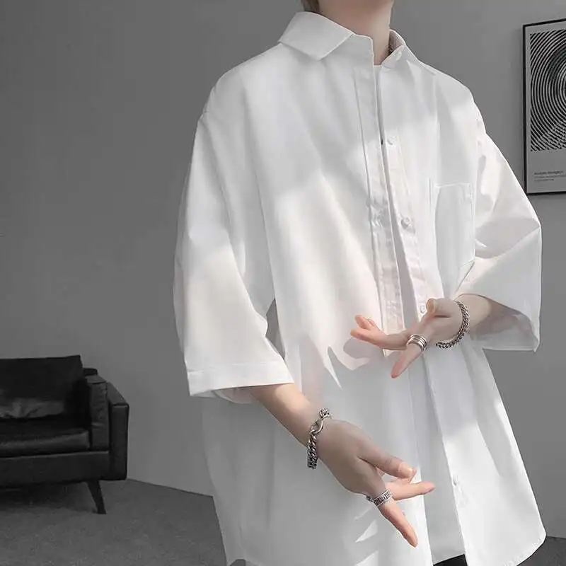 Summer Short Sleeved Shirt Men Fashion Society Mens Black Formal Dress Shirt Korean Loose Casual Shirt Mens White Shirts M-3XL