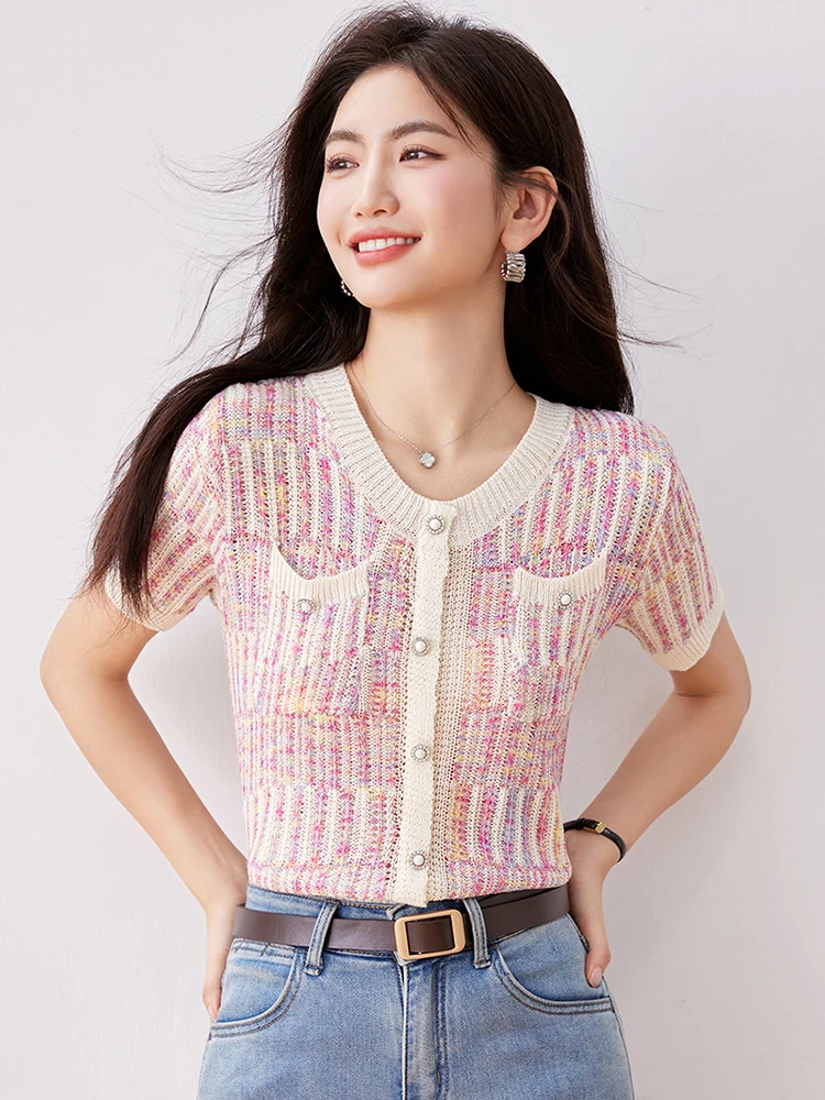 Stripe Short Sleeve Loose T-Shirt Women Spring/Summer New Hollow Out Contrast Knitted Cardigan Casual Round Neck Tops