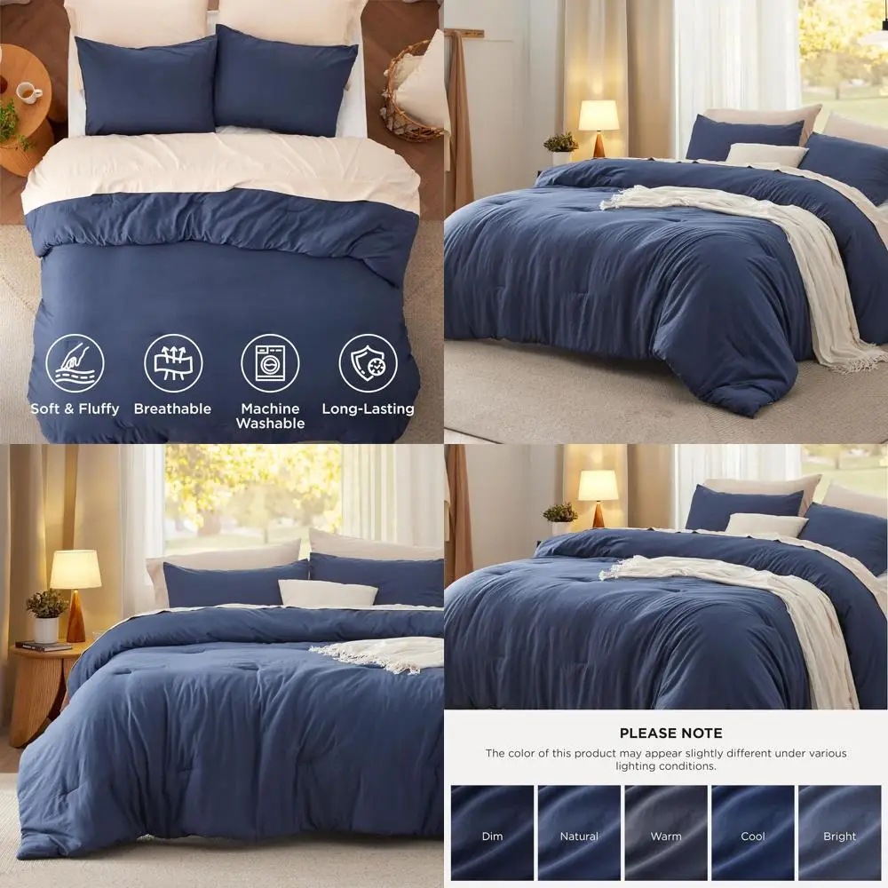 

Комплект из 3 предметов: оверсайз-покрывало королевского размера и предварительно выстиранное постельное белье для всех сезонов, темно-синий