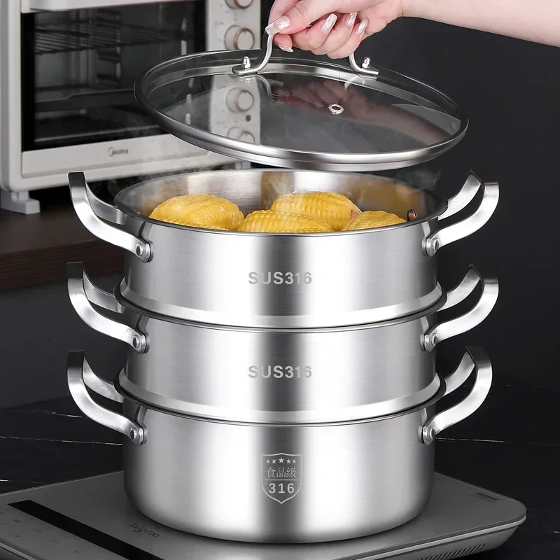 Food grade 316 stainless steel steamer. Three-layer, large-capacity. New. For household & commercial. Steamed buns