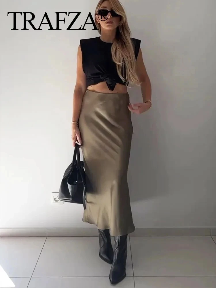 TRAFZA Women Fashion Vintage Solid Skirt Satin Slim Elastic Waist Midi Skirts Office Lady Wear Elegant Woman Chic Mermaid Skirt