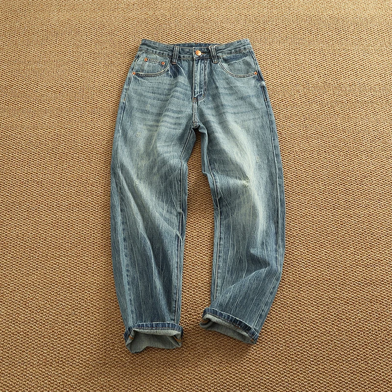 New straight tube worn jeans men's light blue simple everything Cat beard fashion brand nostalgic washed denim pants