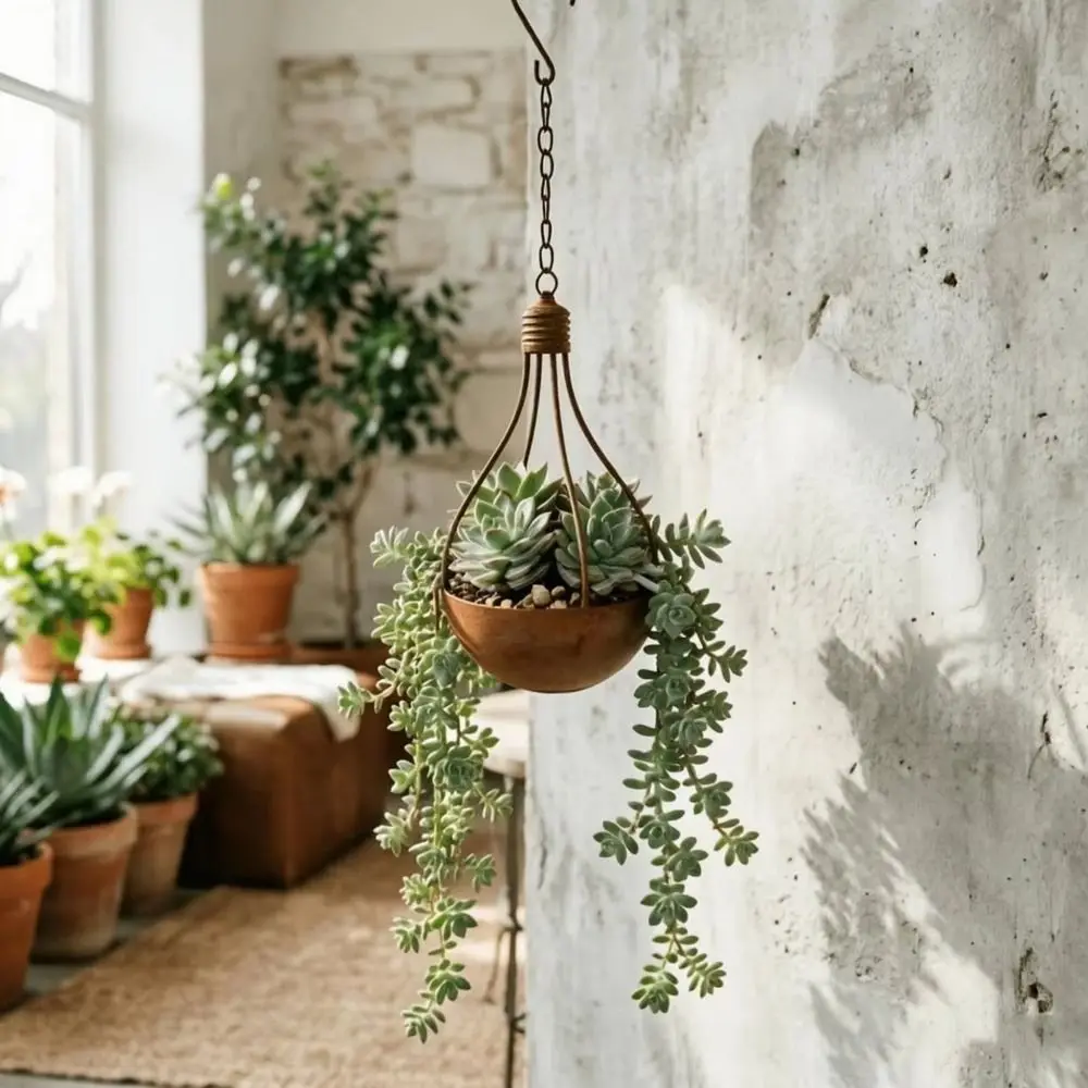Iron Rusted Finish Light Bulb Planter Decorative Space Saving Hanging Flower Vase Lightweight