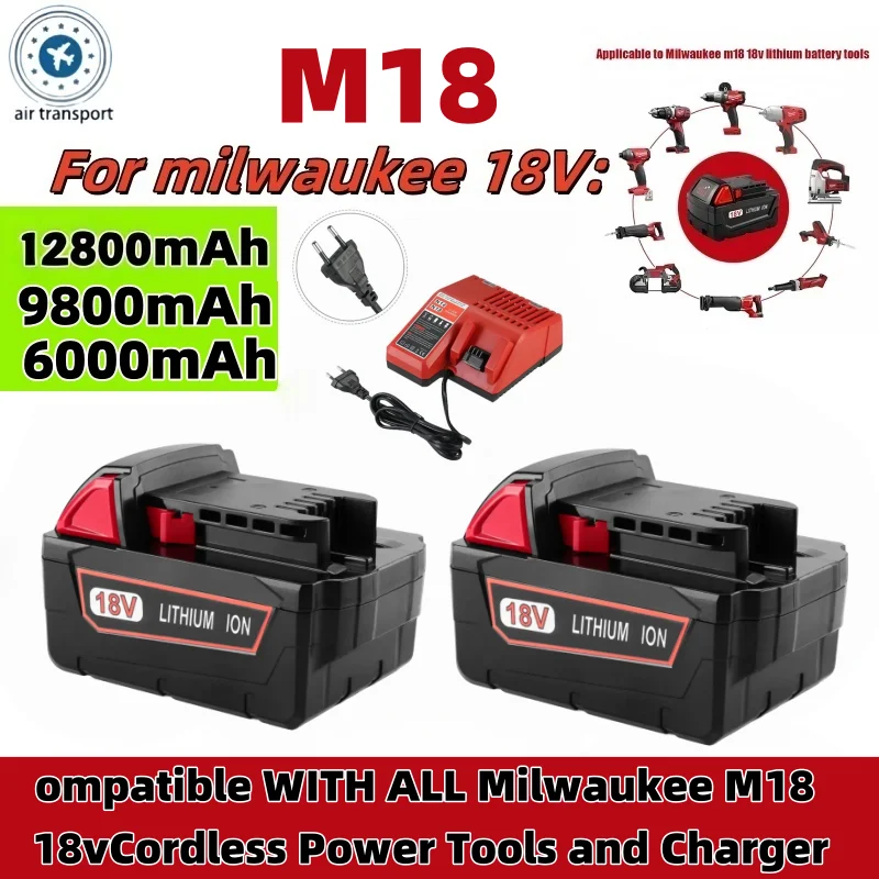 18V, 12800mAh  For Milwaukee M18 Power Tool Battery, Charger, BR, XC,   M18B5, 48-11-1860, Built-in 18650 Battery