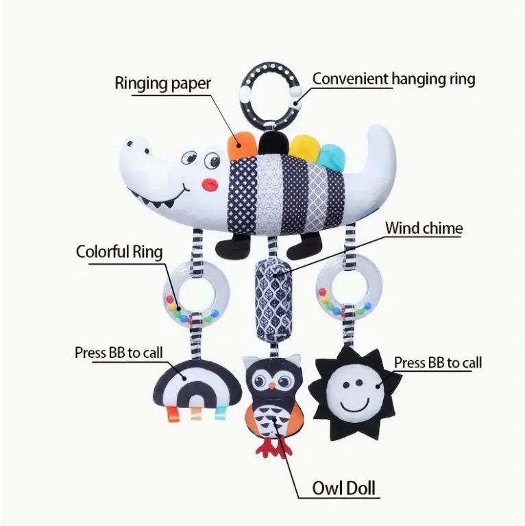 Kinderwagen Windgong & Bedbel - Rustgevend mobiel speelgoed met dieren- en bijenvormen, zachte rammelaars, hangend zintuiglijk speelgoed voor pasgeborenen