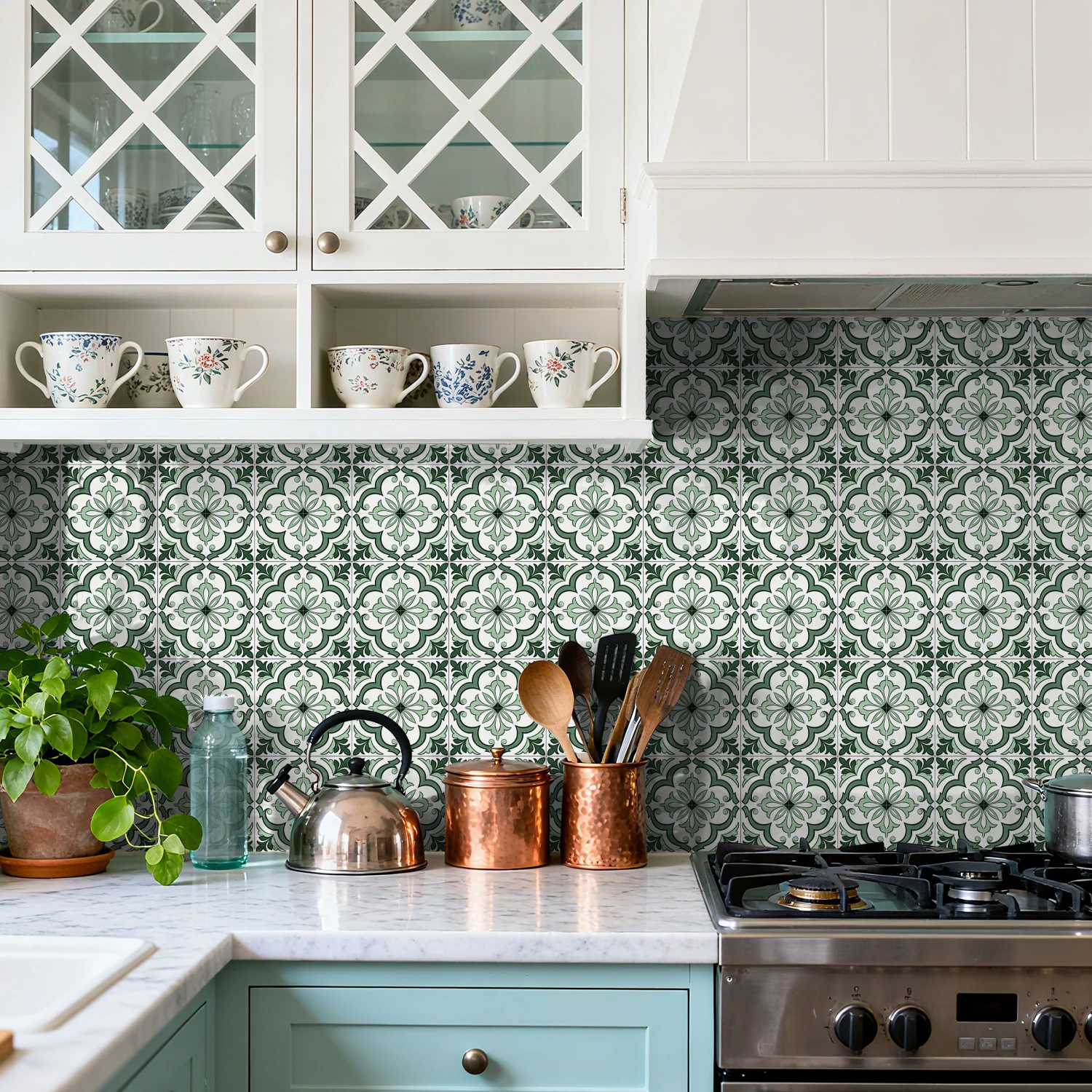 

24PCS Green Retro Floral Self-Adhesive Tile Stickers HD Matte Waterproof Removable Wall Stickers for Kitchen Bathroom Floor