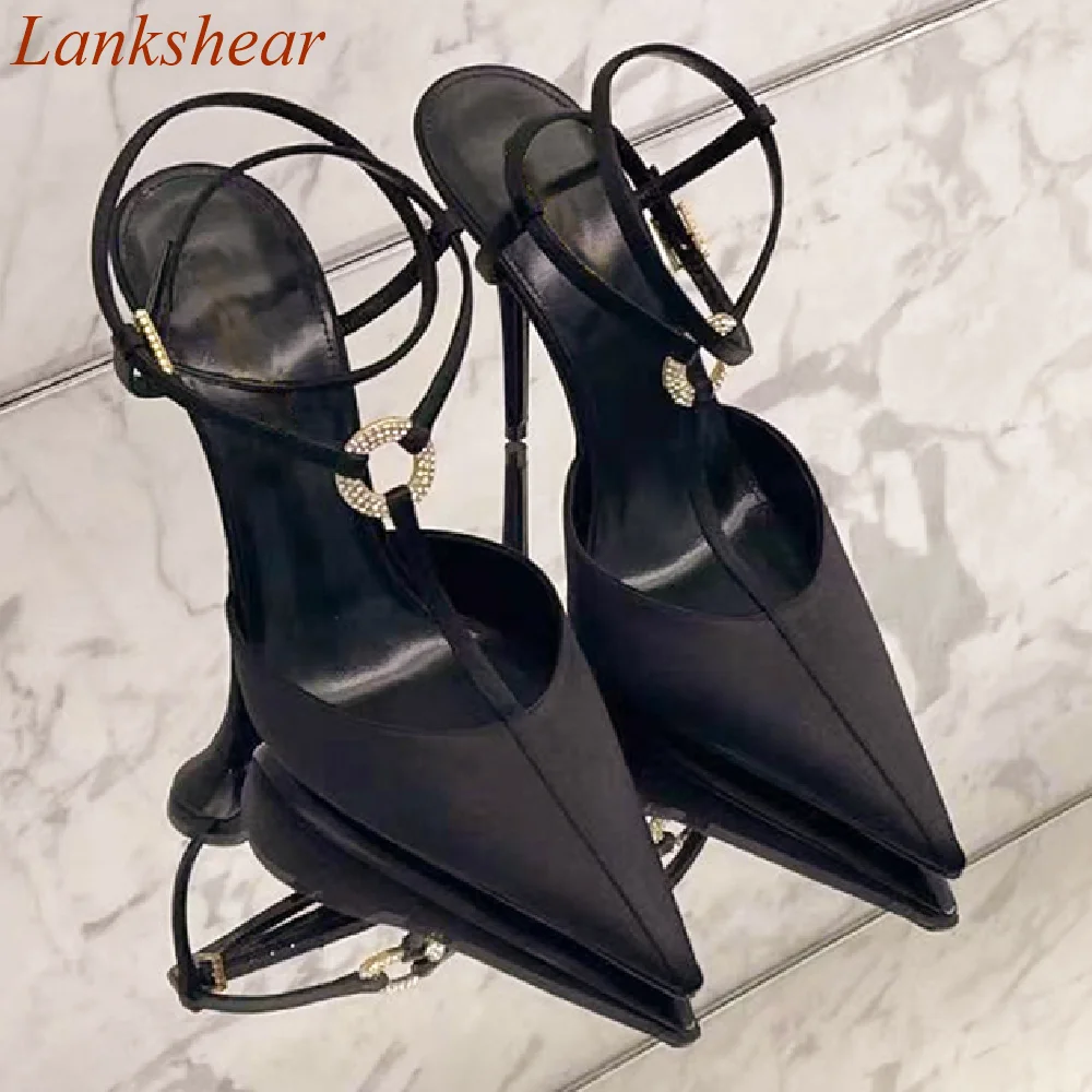 Pointed Toe Ankle Strap Women Pumps Solid Shallow Holllow Buckle Strap Rhineston Slingback Fashion Sexy Party Summer Women Shoes