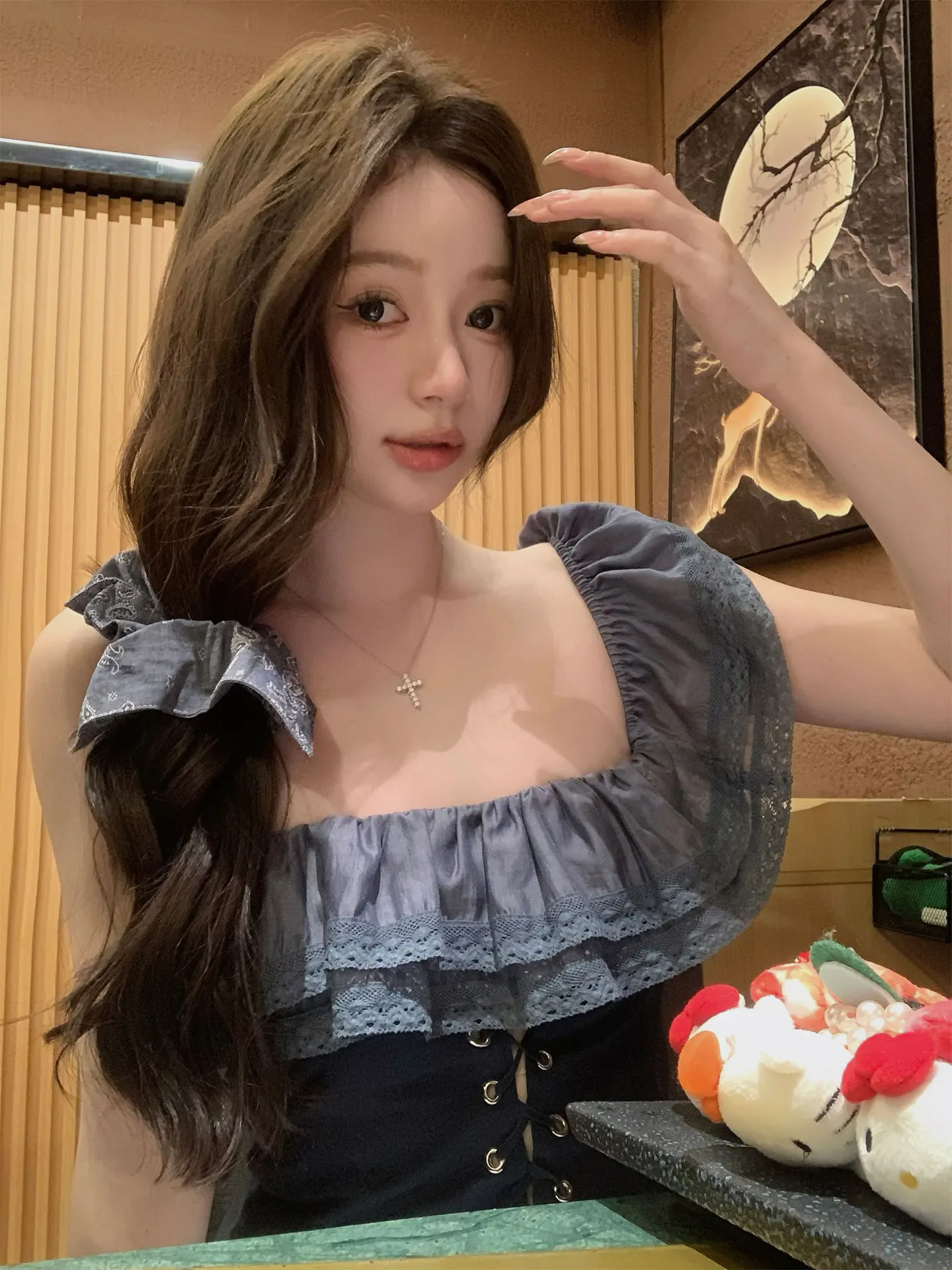 

Романтическая блузка из льна с двойным слоем кружева и асимметричным вырезом на плече, женская летняя модная повседневная дышащая блузка