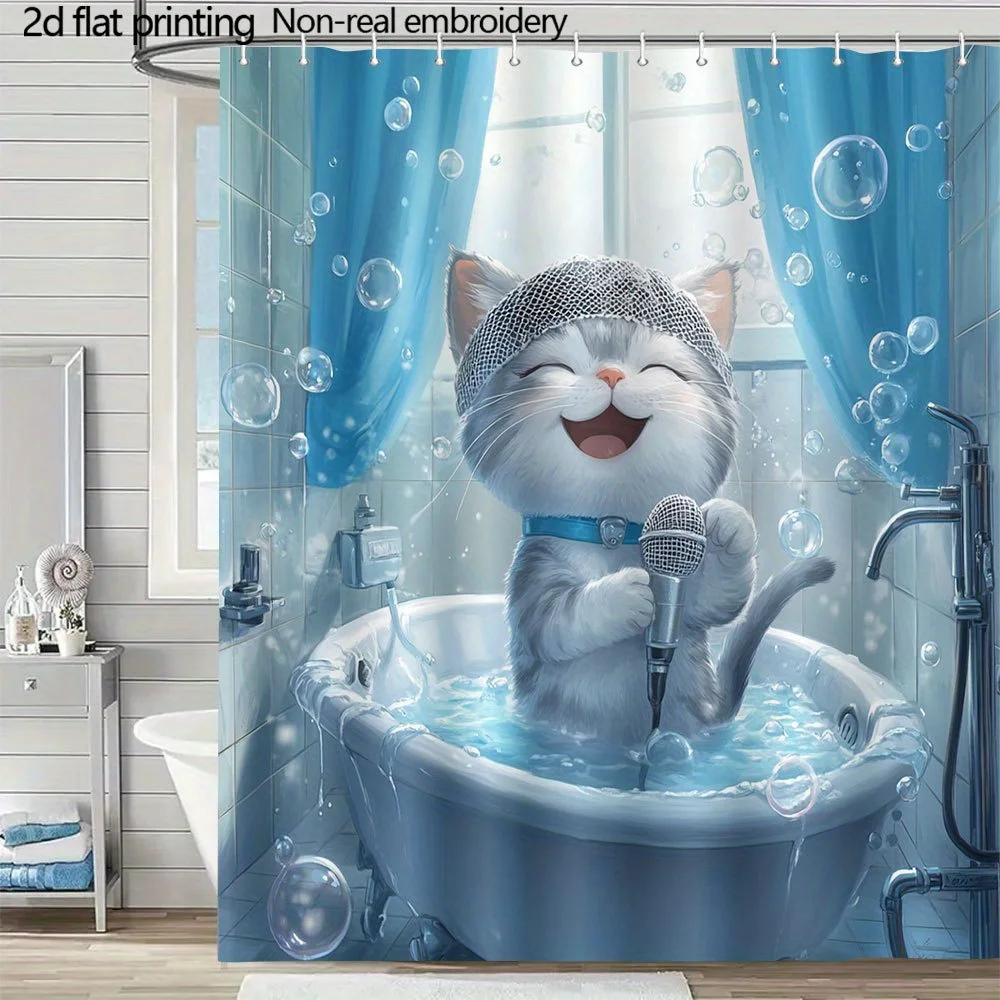 funny singing cat in bathtub shower curtain holding microphone bath time bubbles design for humorous bathroom decor Quick Setup
