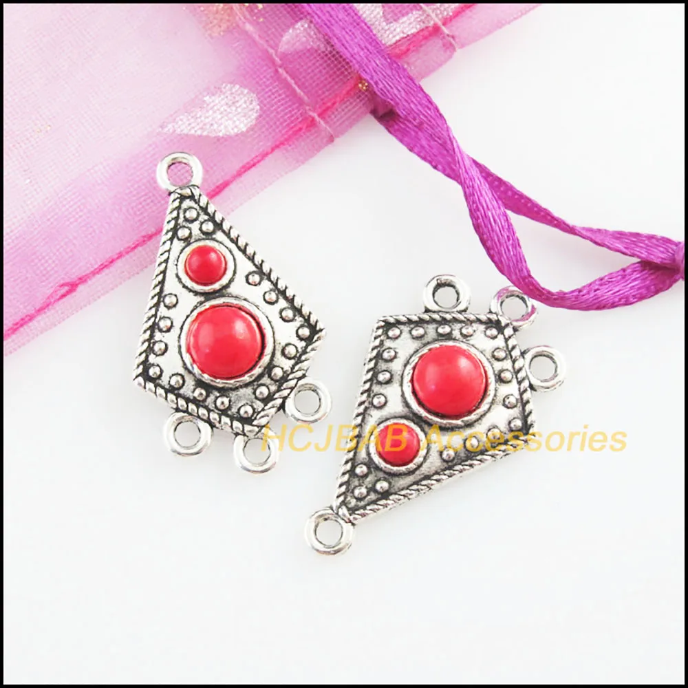 Fashion 10Pcs Retro Tibetan Silver Tone Flower Shield Blue&Red Stone Charms Connectors 17x29.5mm