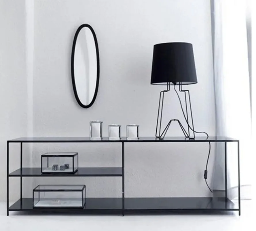 

Simple and versatile storage rack, iron art black and white strip living room, partition storage rack, modern