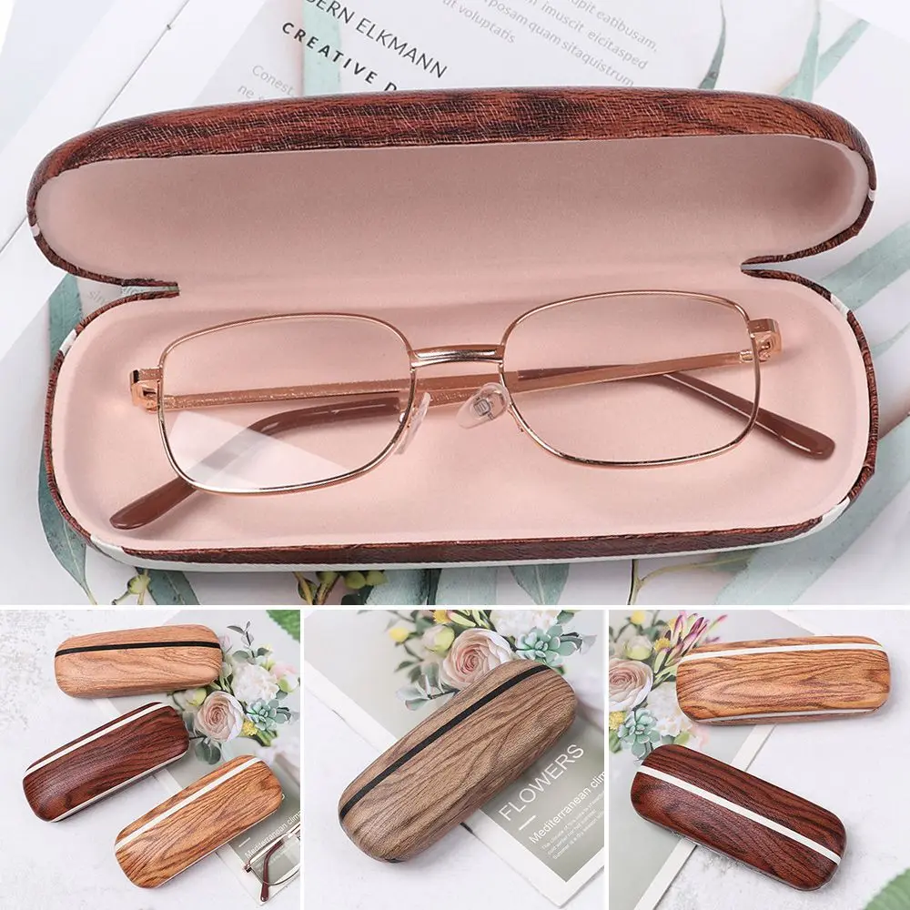 Fashion Portable Vintage Wood Grain Hard Kit Holder Reading Glasses Case for Men Women PU Leather Eyeglass Box Eyewear Protector