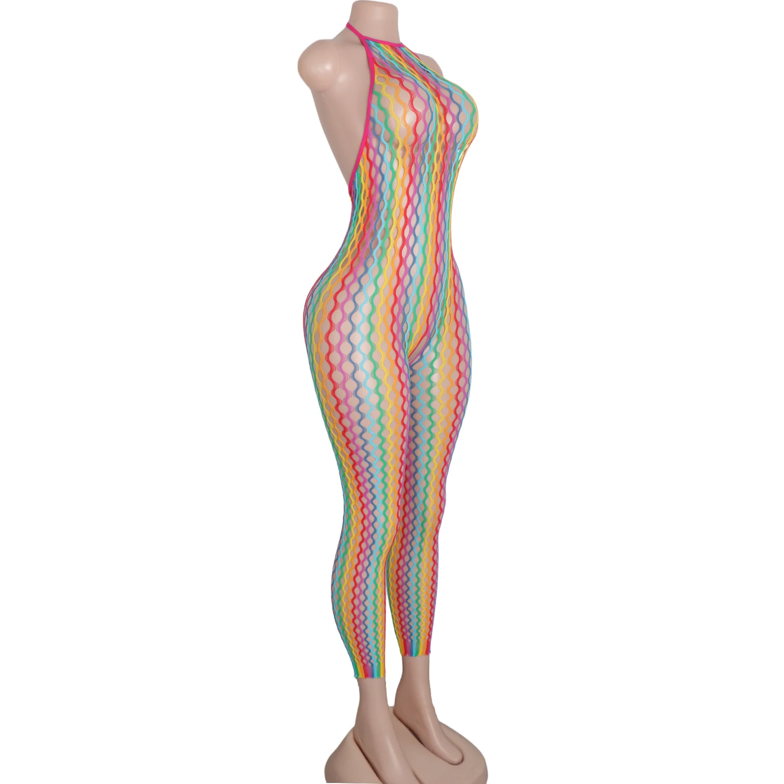 Exotic Fishnet Bodysuit Rainbow Accents Wholesale Lingerie Dancewear Adult Outfits Night Club Performance Costumes Stripper