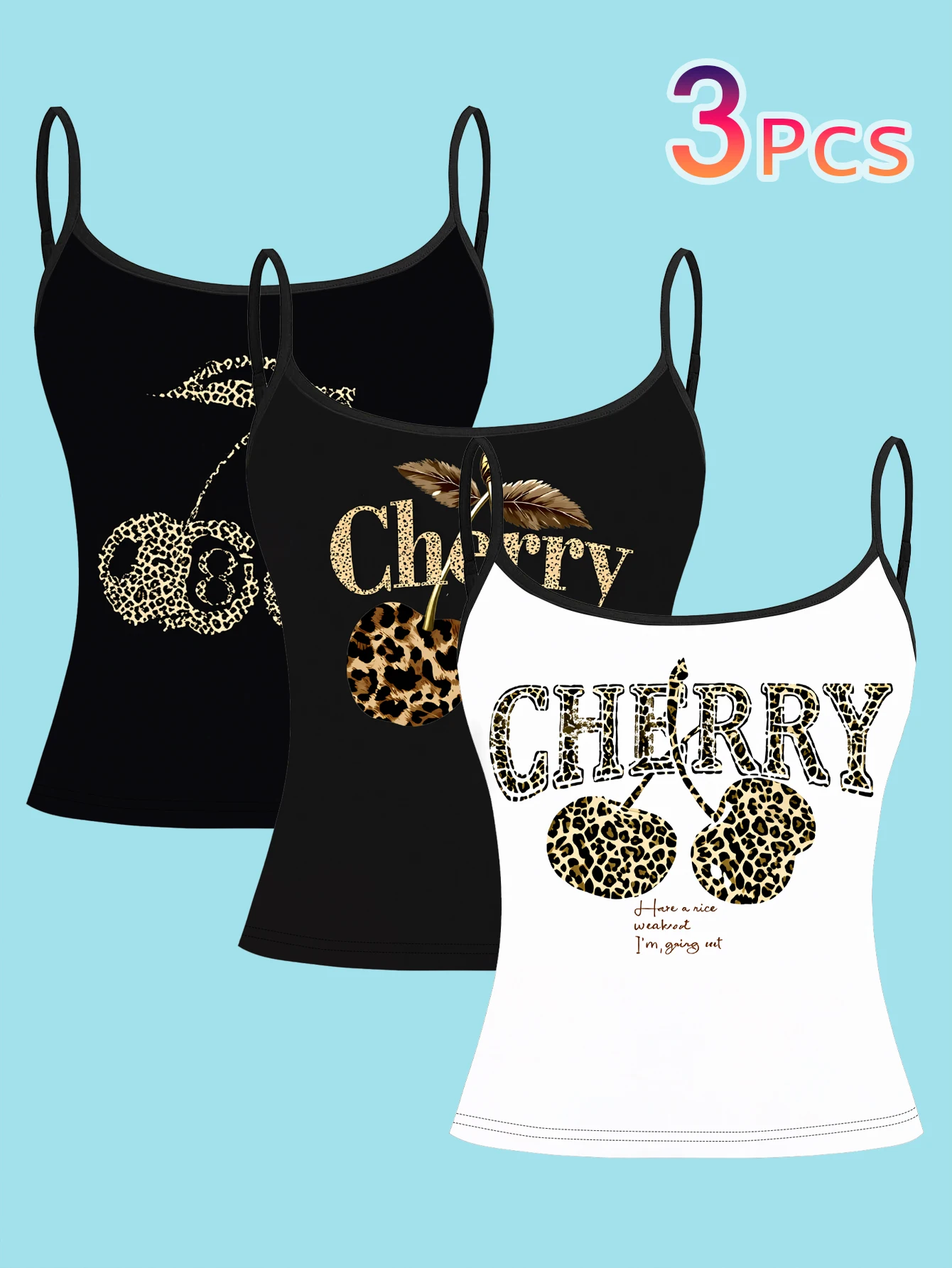 3-Pack Women's Leopard Print Cherry Pattern Spaghetti Strap Tank Top, American Retro Style Base Shirt, Summer Slim Fit Sleeveless Top for Layering or Wearing Alone, Available in Black and White