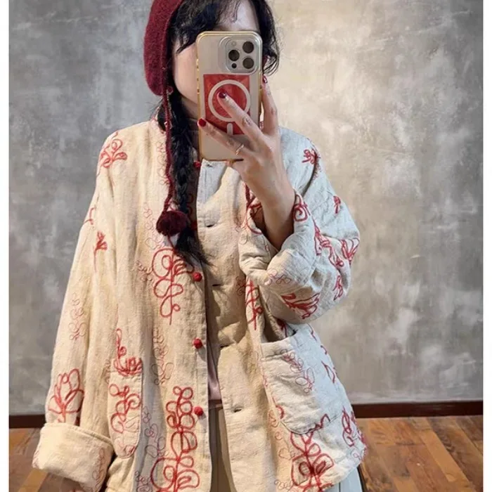 Thickened Cotton Jacket Chinese National Style Embroidered Flower Retro High Collar Cotton Coat for Women Winter Season