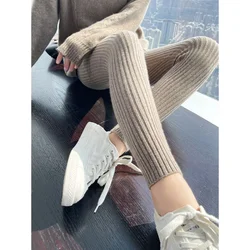 Threaded Knit Leggings Fleece Lined Ankle-length Pants Womens Casual Thin Section Leggings Trousers Hight Waist Pantalon New