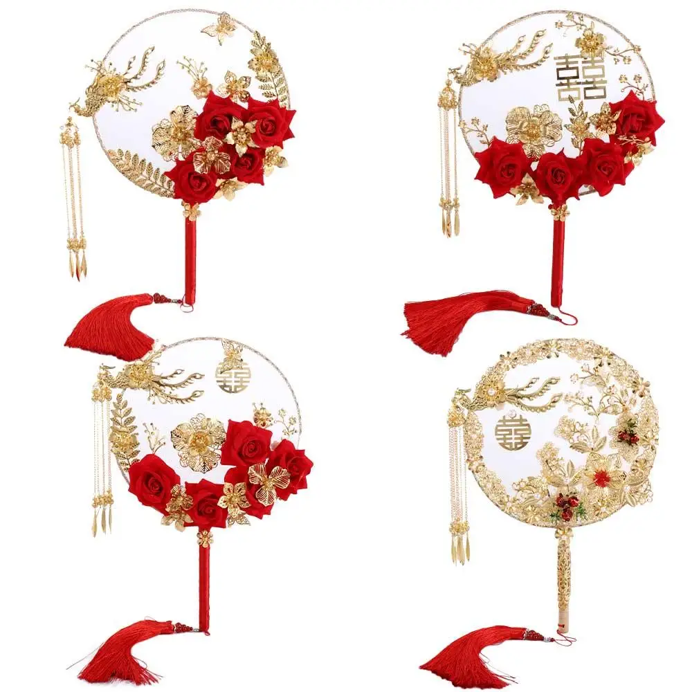 

Handmade For Bride Gold Red Bridesmaid Vintage Wedding Decorative Decoration Prop Fan Decor Craft Bouquet Photography Ornaments