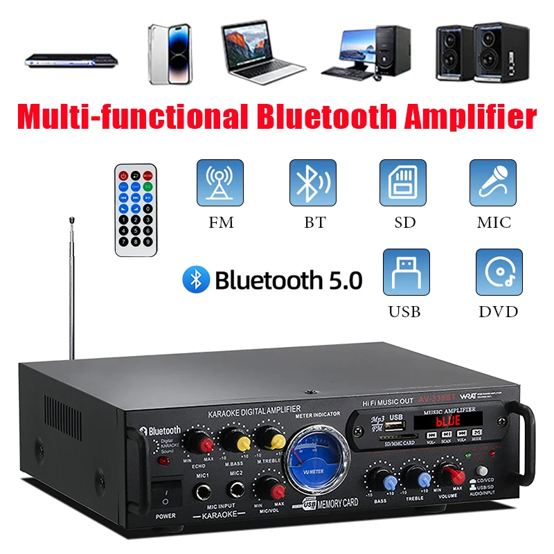Home Amplifier 12V220V Multifunctional Bluetooth Amplifier with Remote Control Home Plug-in Truck Car HiFi Digital Amplifier