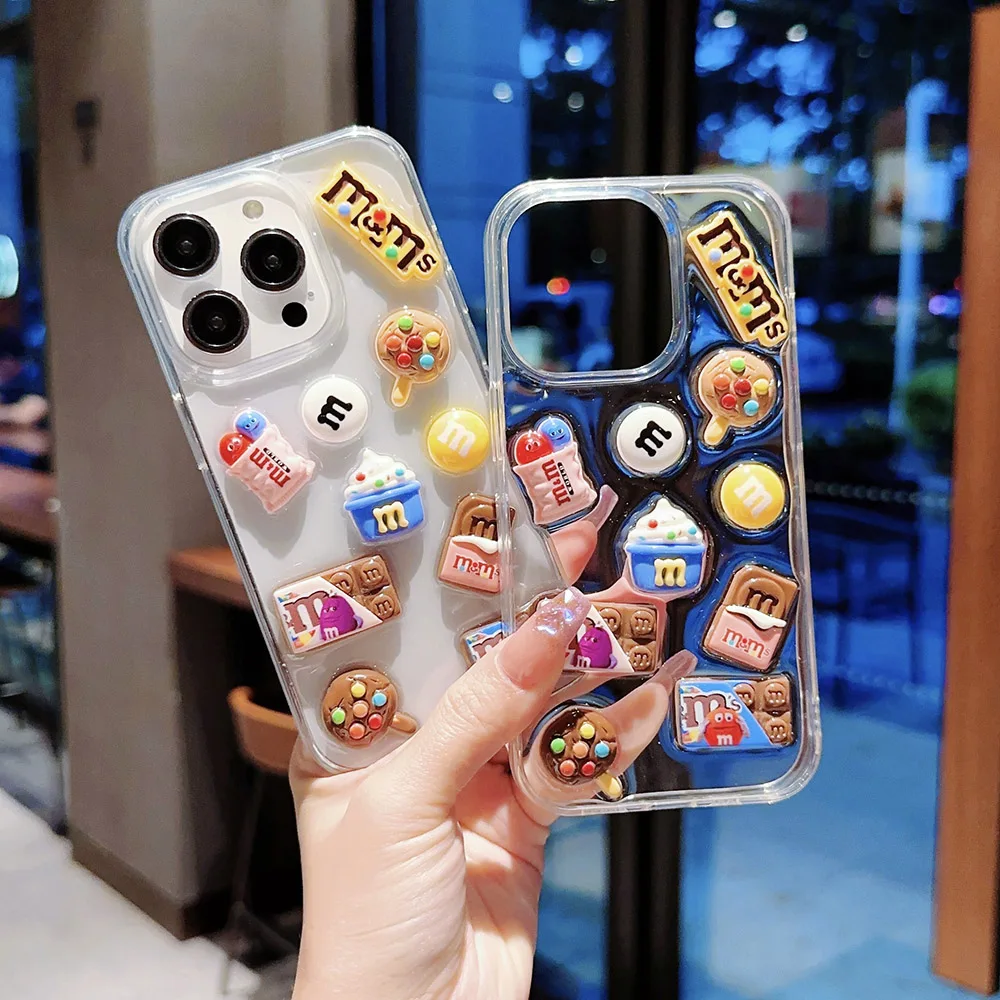 Super Cute M beans chocolate Phone Case for iPhone 16 15 14 13 12 11 Pro Max Cases Silicone Cover Transparent 3D Cartoon Funda