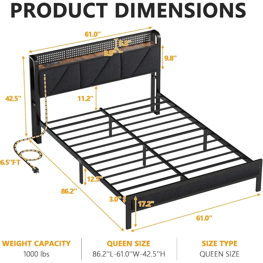 Queen Size Upholstered Metal Bed Frame with Headboard and LED Lights Charging Station and USB Port No Box Spring Needed Noise-F