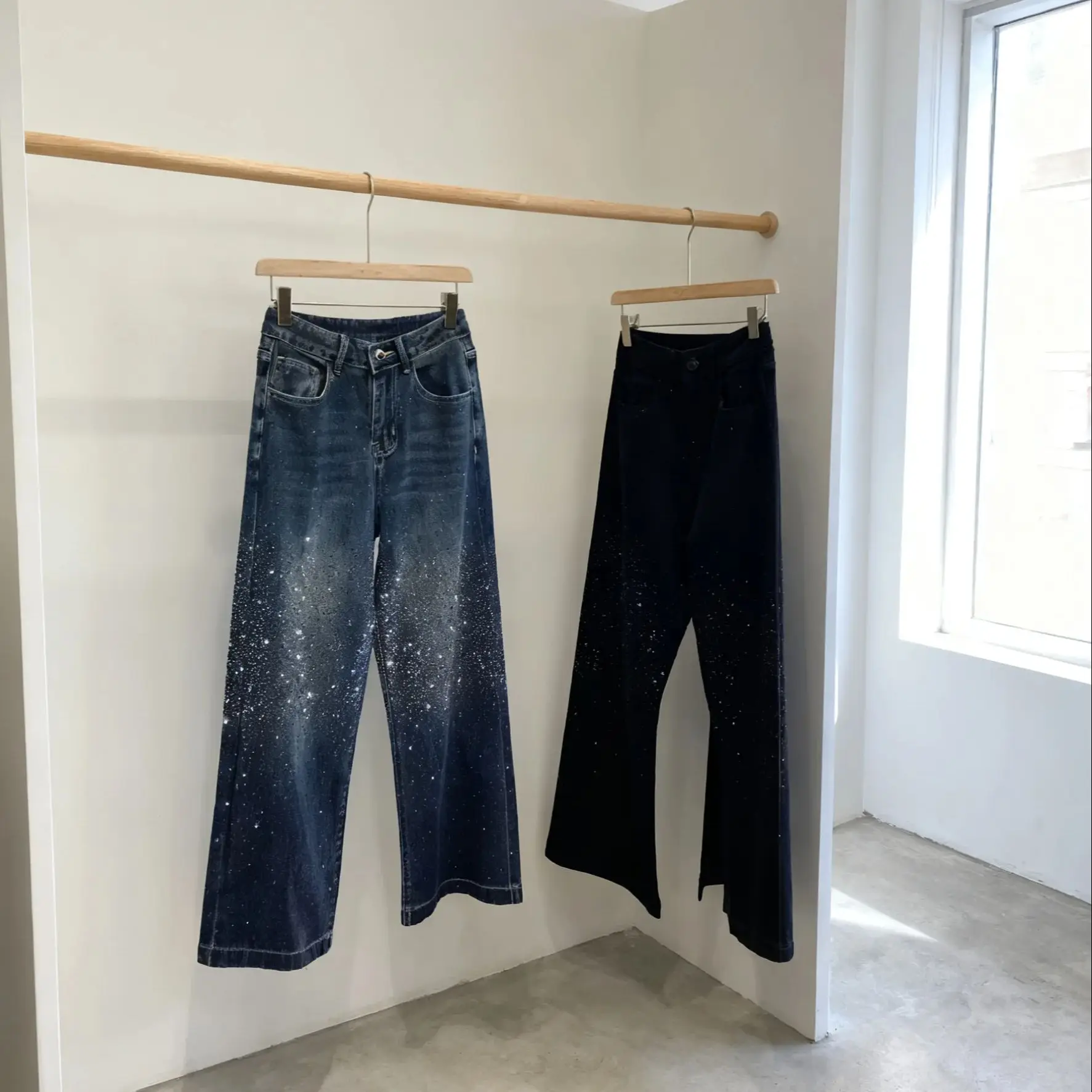 

Blingbling Shiny Hot Drilling Women Denim Trousers New Autumn All-match High Waist Straight Pants Wide Leg Casual Female Jeans