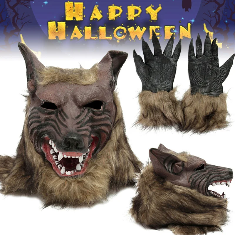 

Halloween Latex Rubber Wolf Head Hair Mask Werewolf Gloves Costume Party Scary Decor