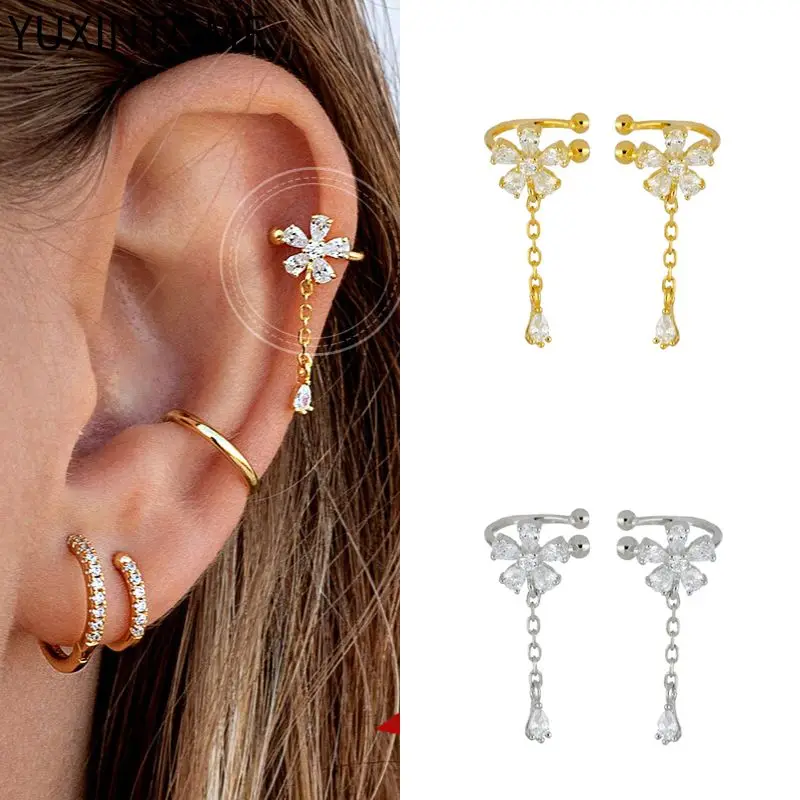 

Plated 24K Gold Crystal Flower Clip Earrings Water Drop With Dangling Chain Earrings For Women Cartilage Ear Cuff Jewelry